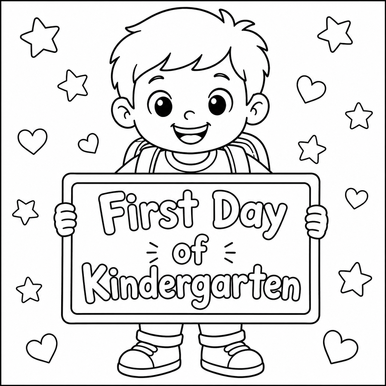 First Day of Kindergarten Sign coloring page with smiling child holding a chalkboard sign